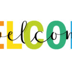 welcome in black cursive woven into block rainbow letters that also say welcome