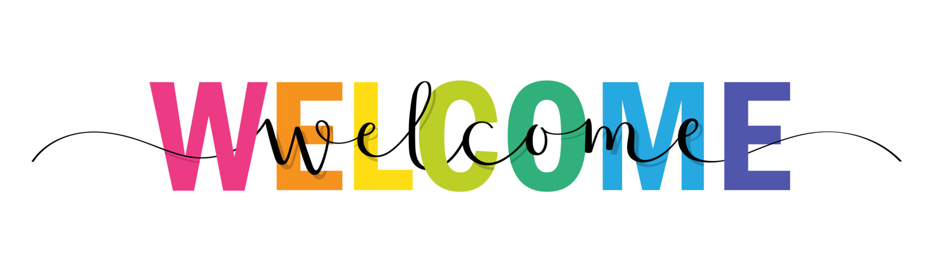 welcome in black cursive woven into block rainbow letters that also say welcome