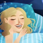 Illustration of a blonde woman wearing a nightguard to protect her teeth as she sleeps