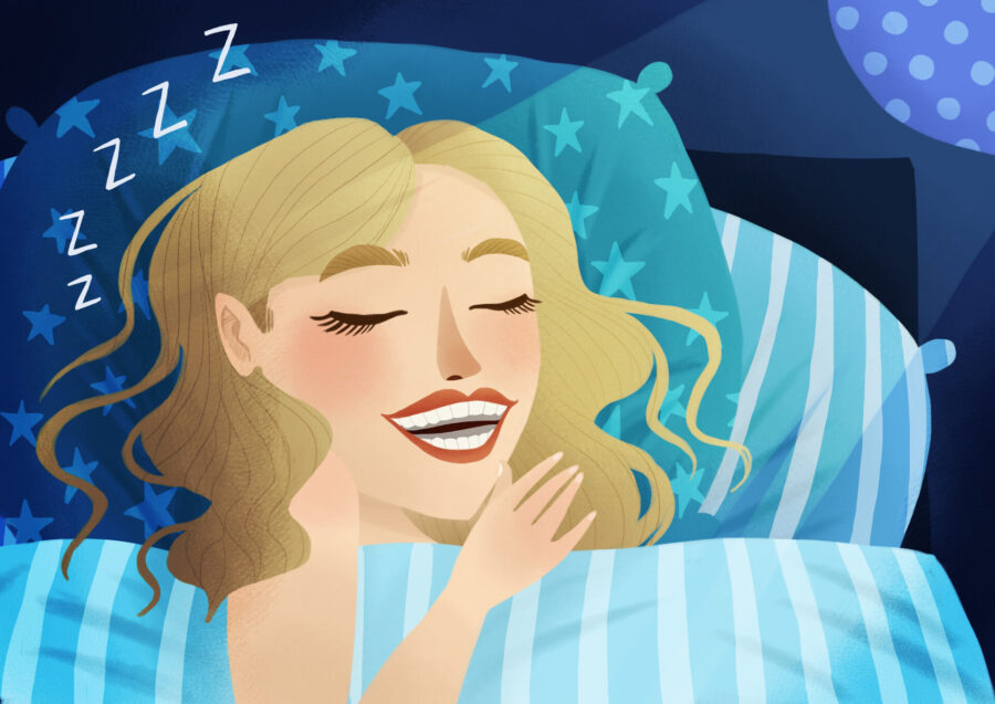 Illustration of a blonde woman wearing a nightguard to protect her teeth as she sleeps