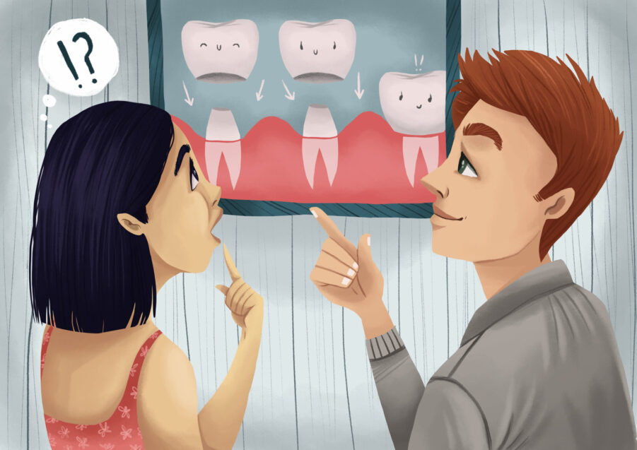 Graphic illustration of a woman discussing dental crowns with a man at the dentist.