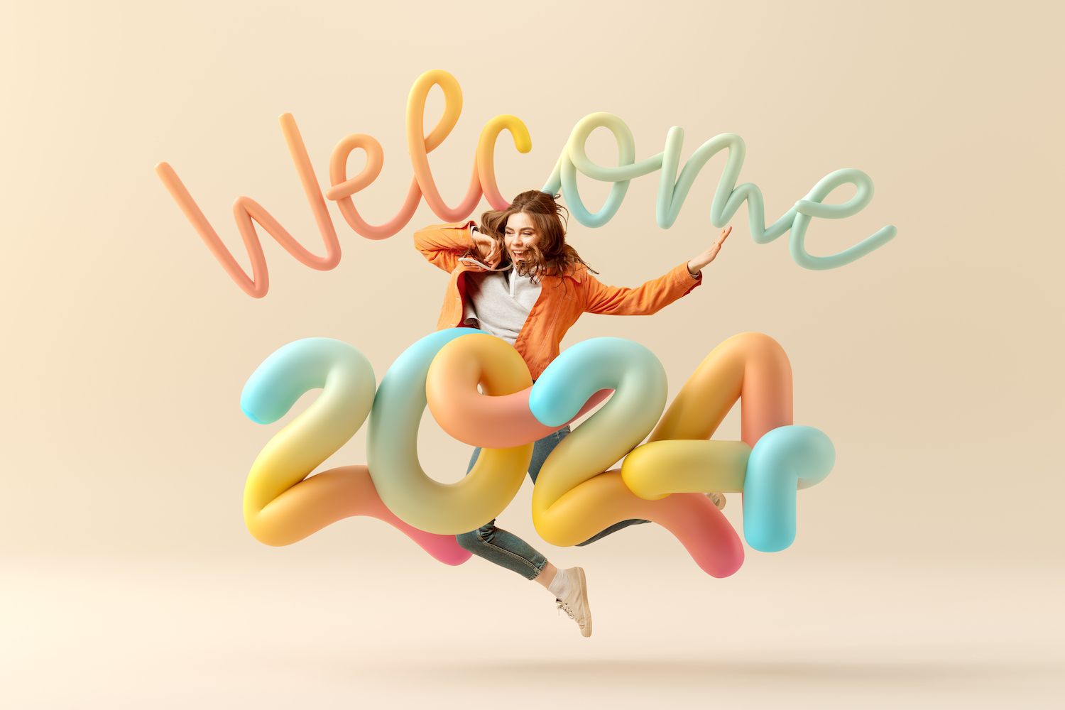 oral health goals, 2024, new years resolution, new year resolution, healthy smile, image of smiling, jumping woman in a welcome to 2024 display